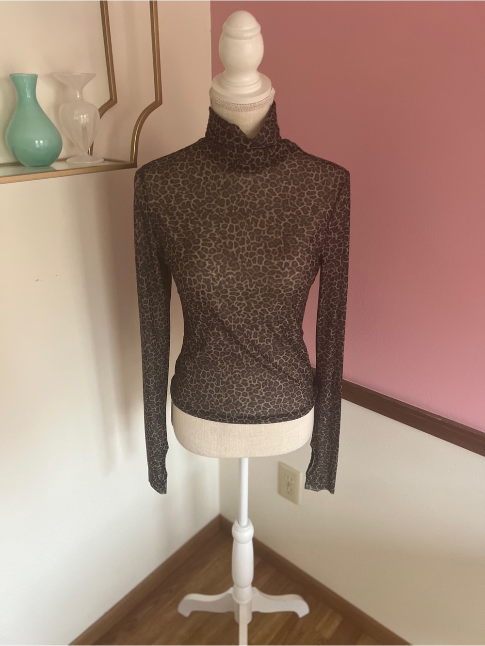 AFRM Leopard Mesh Turtleneck Top